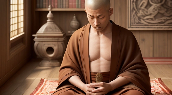 Спокойный тибетский монах медитирует в монастырской библиотеке, символизируя жизнь тибетских монахов и их духовный путь.