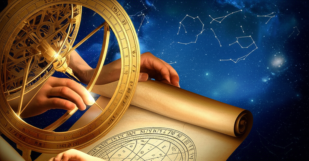 Древние свитки и астролябия, символизирующие расчет жребия судьбы в астрологии на фоне звездного неба, с магическим свечением на одной из точек.