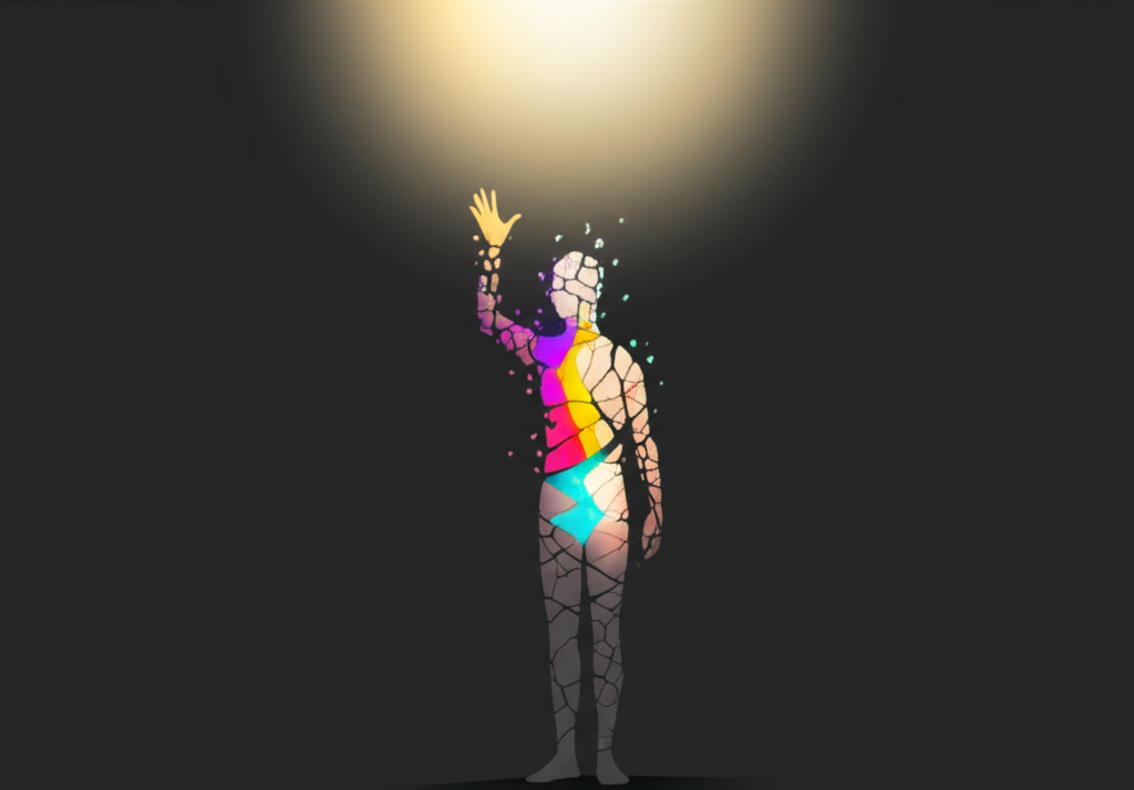 Человек, преодолевающий зловредные комплексы, изображен в виде фигуры, из которой пробивается свет.