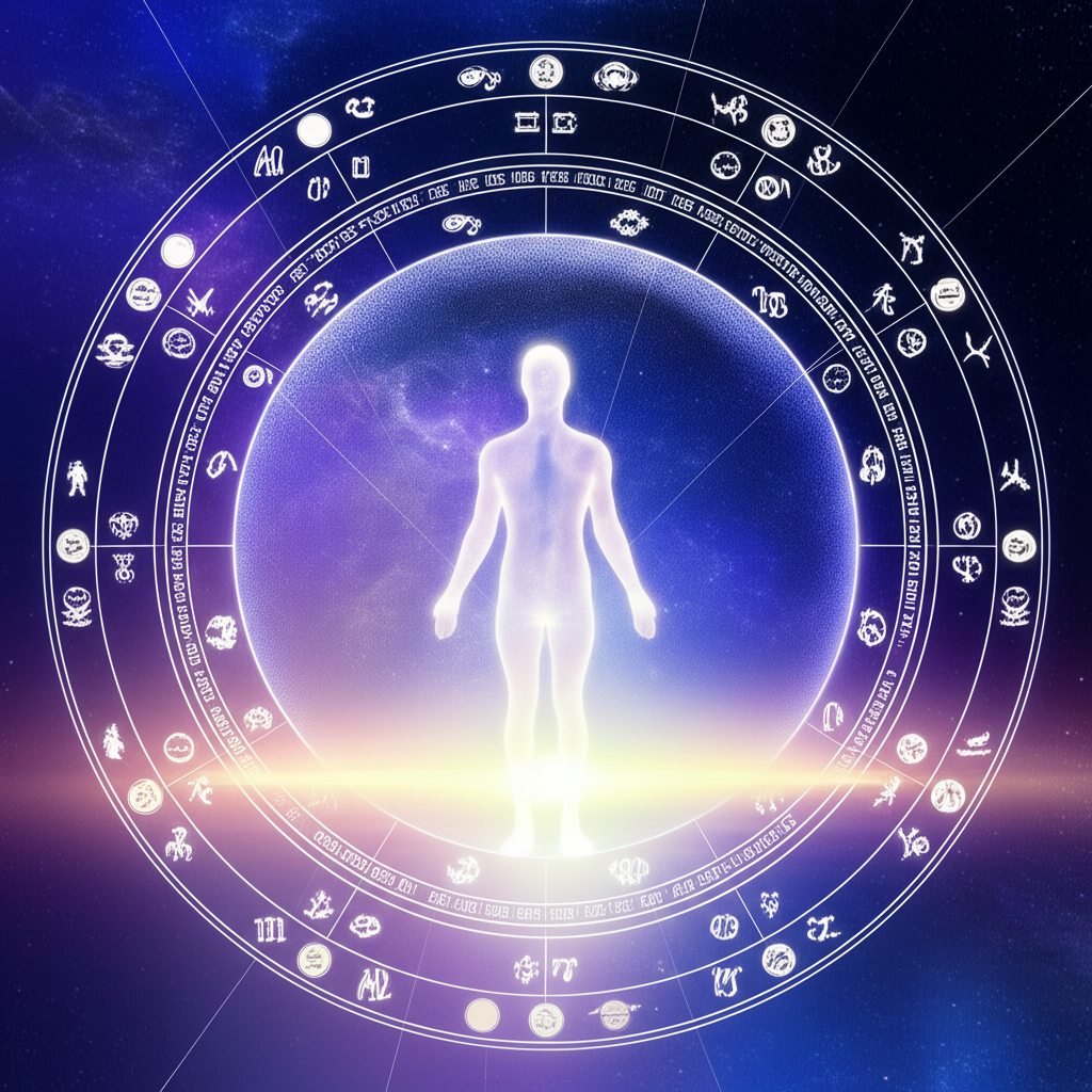 Мистическое изображение натальной карты с акцентом на асценденте, символизирующем значение асцендента в натальной карте и его влияние на личность человека.