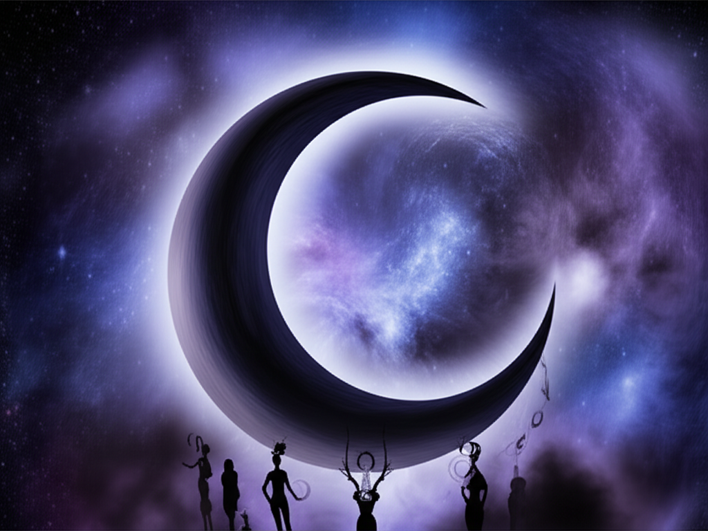 Мистическое изображение, символизирующее значение черной луны в астрологии с темной луной, космической туманностью и скрытыми символами.
