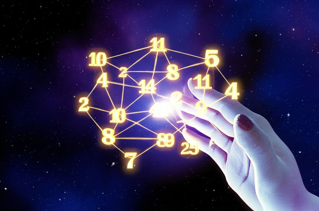 Абстрактное изображение, символизирующее значение чисел dailyhoro ru, с рукой и светящимися цифрами.