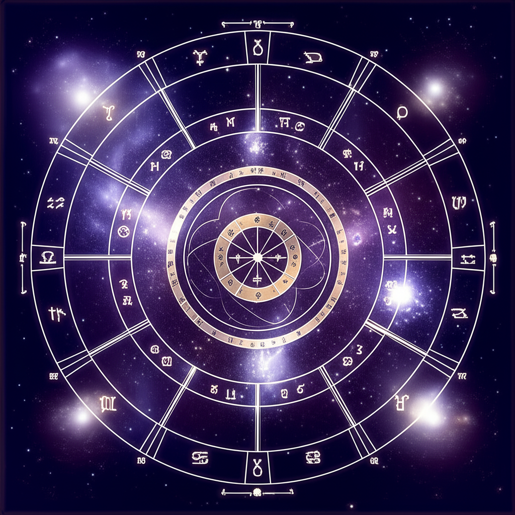 Сложная и детализированная иллюстрация натальной карты, где каждый из 12 домов четко обозначен и наполнен символическими изображениями планет и знаков зодиака, подчеркивающая глубокое значение домов в натальной карте.