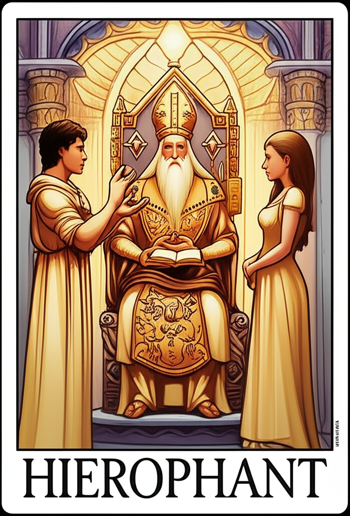 Изображение, символизирующее значение карты Иерофант в Таро на брак, где пара получает благословение от мудрого наставника в священном месте.