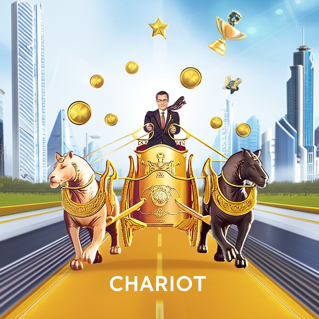 Изображение человека, уверенно управляющего колесницей, символизирующее прямое значение карты Колесница в Таро на карьеру и движение к успеху.