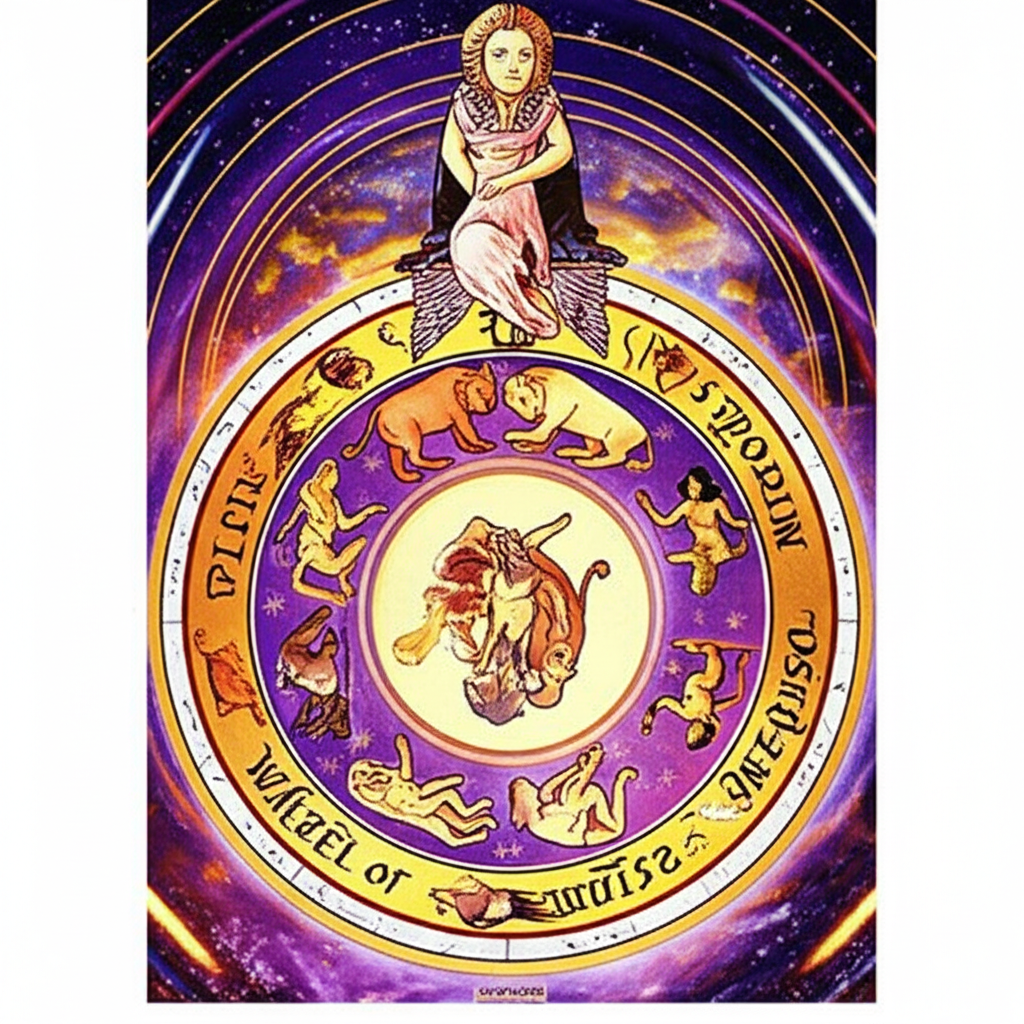 Изображение мистической карты Таро Колесо Фортуны, символизирующей перемены и судьбу, раскрывает значение карты Колесо Фортуны в Таро.