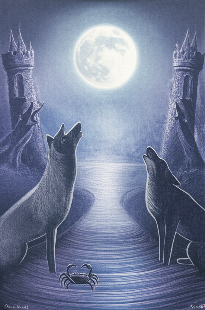 Иллюстрация, передающая глубокое и мистическое значение карты Луна в Таро в раскладе, с полной Луной, водной гладью и воющими животными на фоне башен.