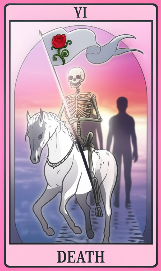 Иллюстрация карты Смерть из Таро, символизирующая трансформацию и новое начало в отношениях, с восходящим солнцем на заднем плане.