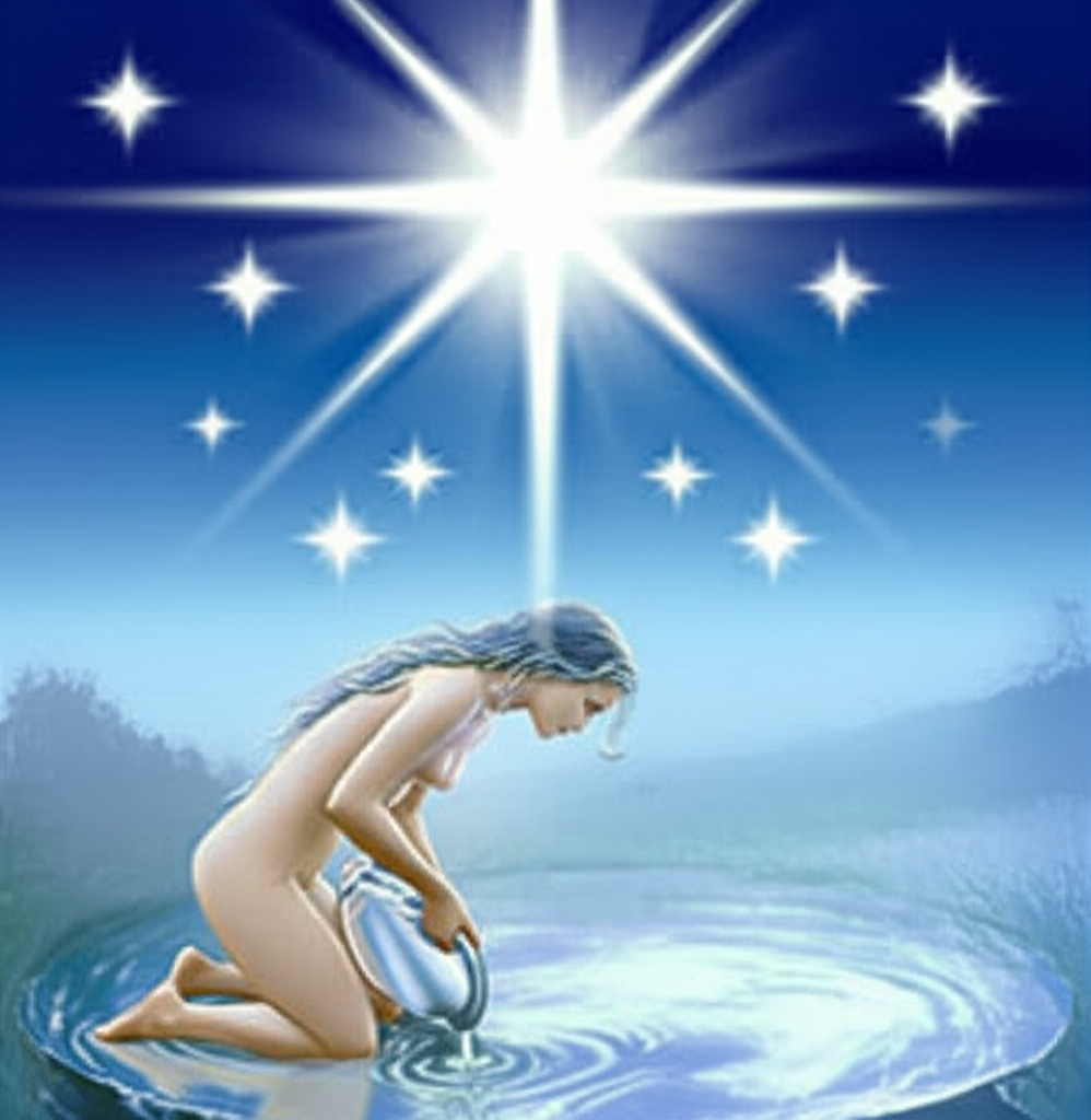 Изображение карты Звезда Таро, символизирующей значение карты звезда в таро на надежду, с обнаженной фигурой, льющей воду под яркой звездой в безмятежном пейзаже.