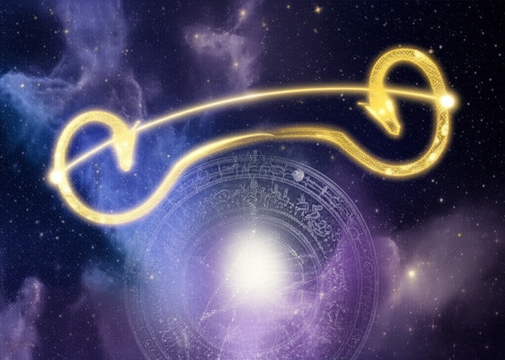 Изображение демонстрирует мистическое пересечение орбиты Луны с эклиптикой, символизирующее значение лунных узлов в астрологии как кармический путь.