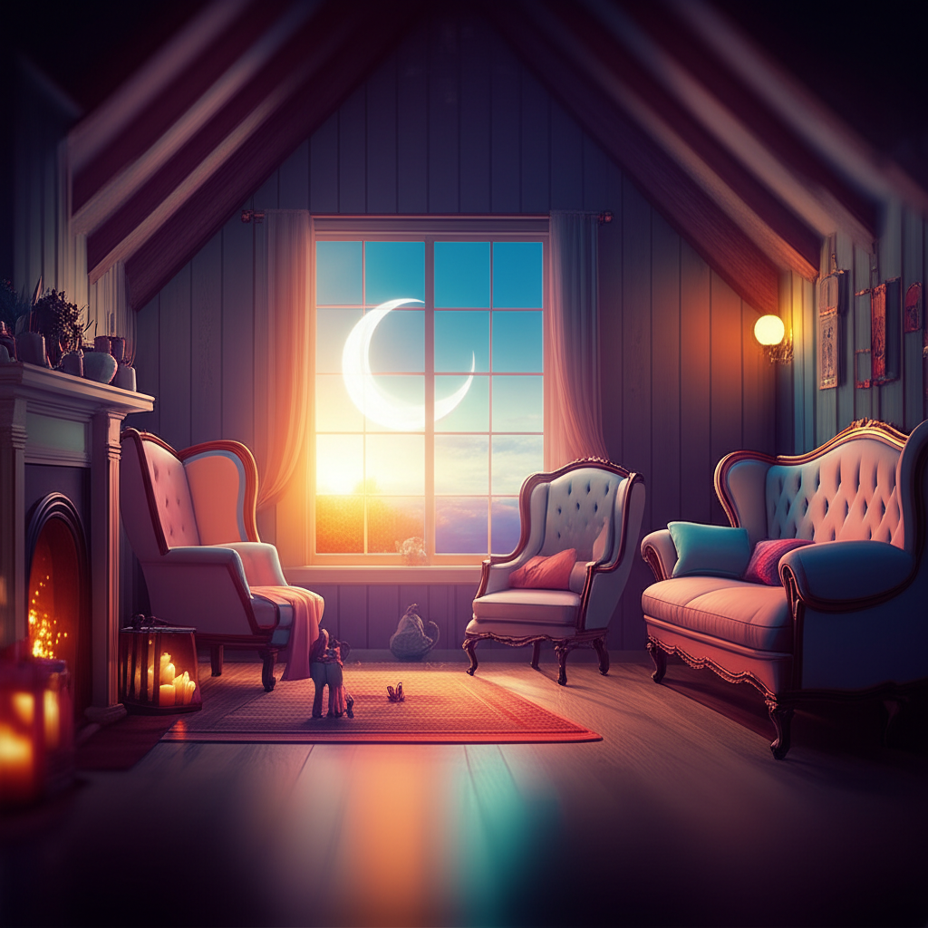 Уютный домашний интерьер, освещенный мягким светом Луны, символизирующий глубокое значение Луны в 4 доме и потребность в эмоциональной безопасности.