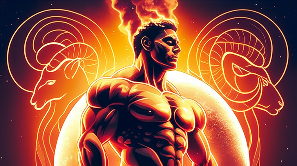 Динамичное изображение воина с огненным ореолом, символизирующее значение Марса в натальной карте в Овне, его смелость и мощную энергию.