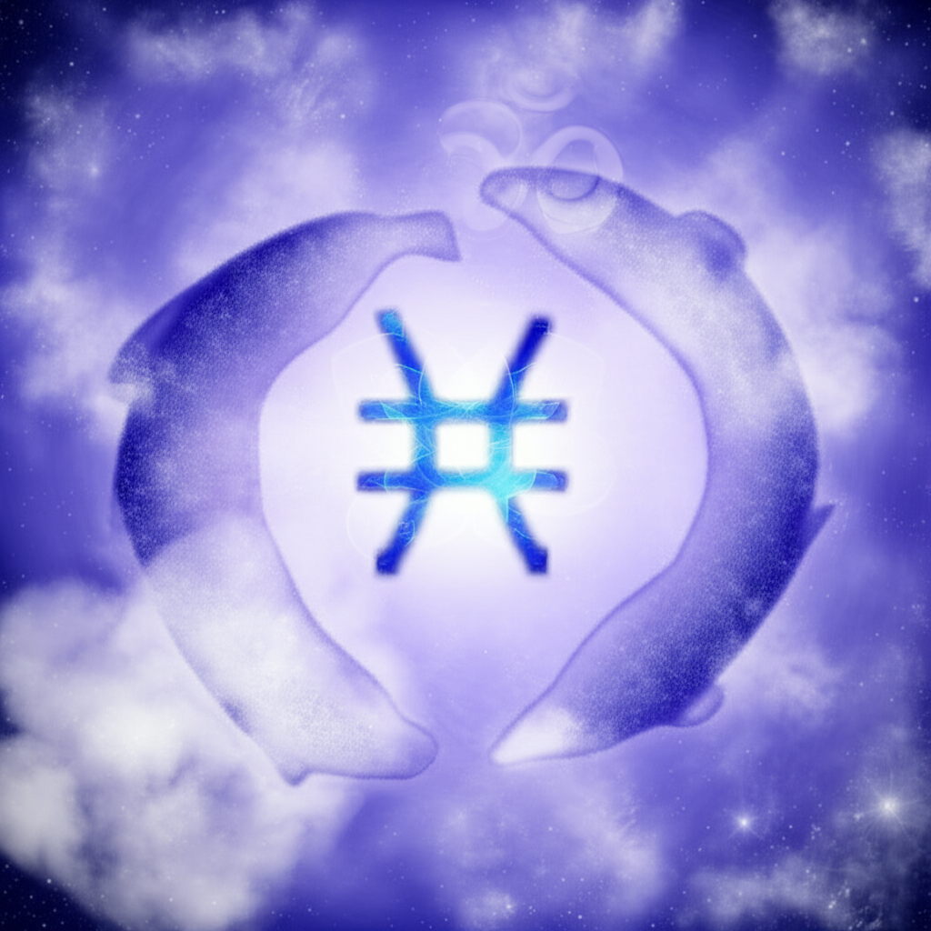 Загадочное изображение, где символ Нептуна переплетается с символом Рыб, иллюстрирующее глубокое значение Нептуна в натальной карте в Рыбах на фоне космической туманности.