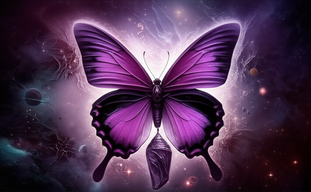 Наглядное изображение, символизирующее глубинное значение Плутона в натальной карте трансформация: бабочка, вылупляющаяся из кокона в окружении тёмных, но сияющих энергий, на фоне космического пейзажа с туманностями и планетами.