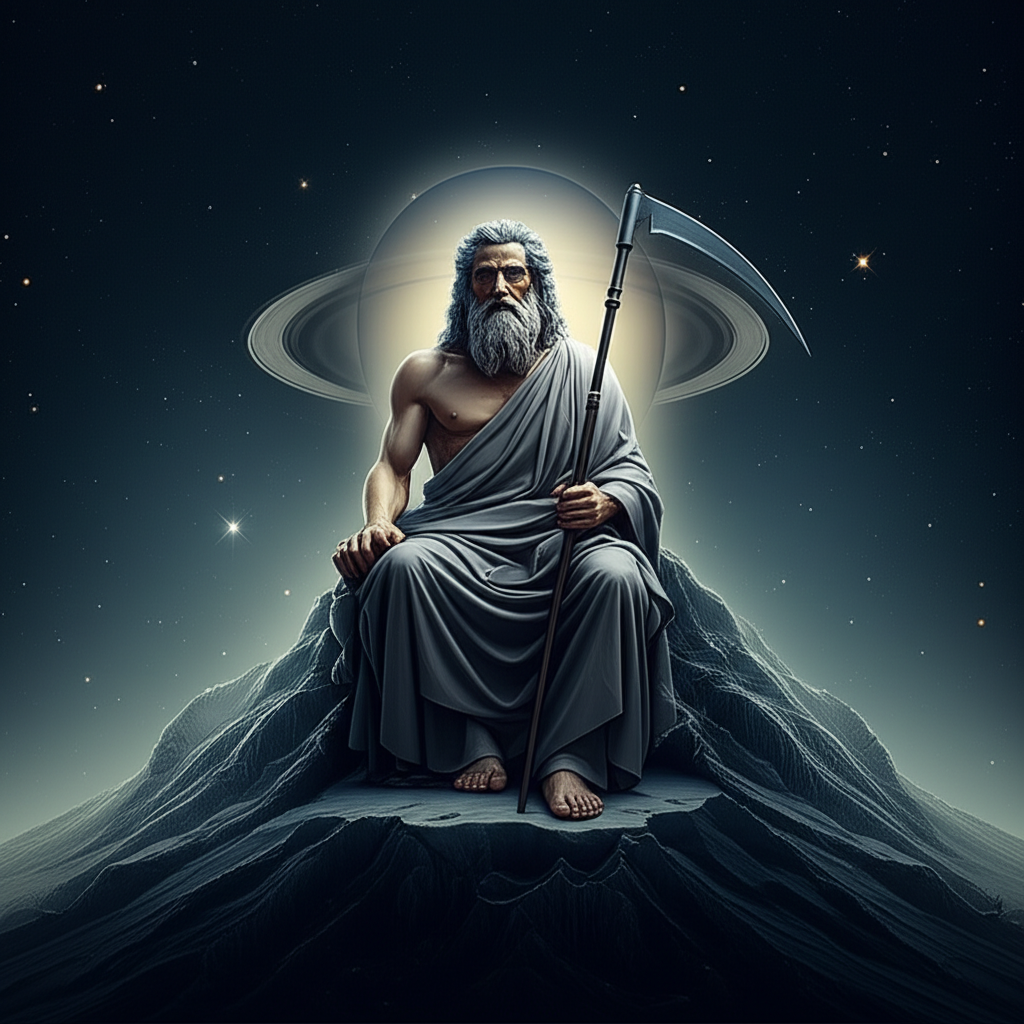 Изображение мудрого Сатурна, восседающего на горных вершинах, символизирующее **значение Сатурна в натальной карте в Козероге** и его влияние на дисциплину и время.