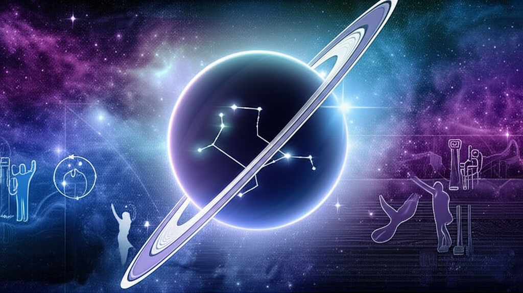 Космическая иллюстрация, демонстрирующая значение Урана в натальной карте в Водолее, с планетой и созвездием.