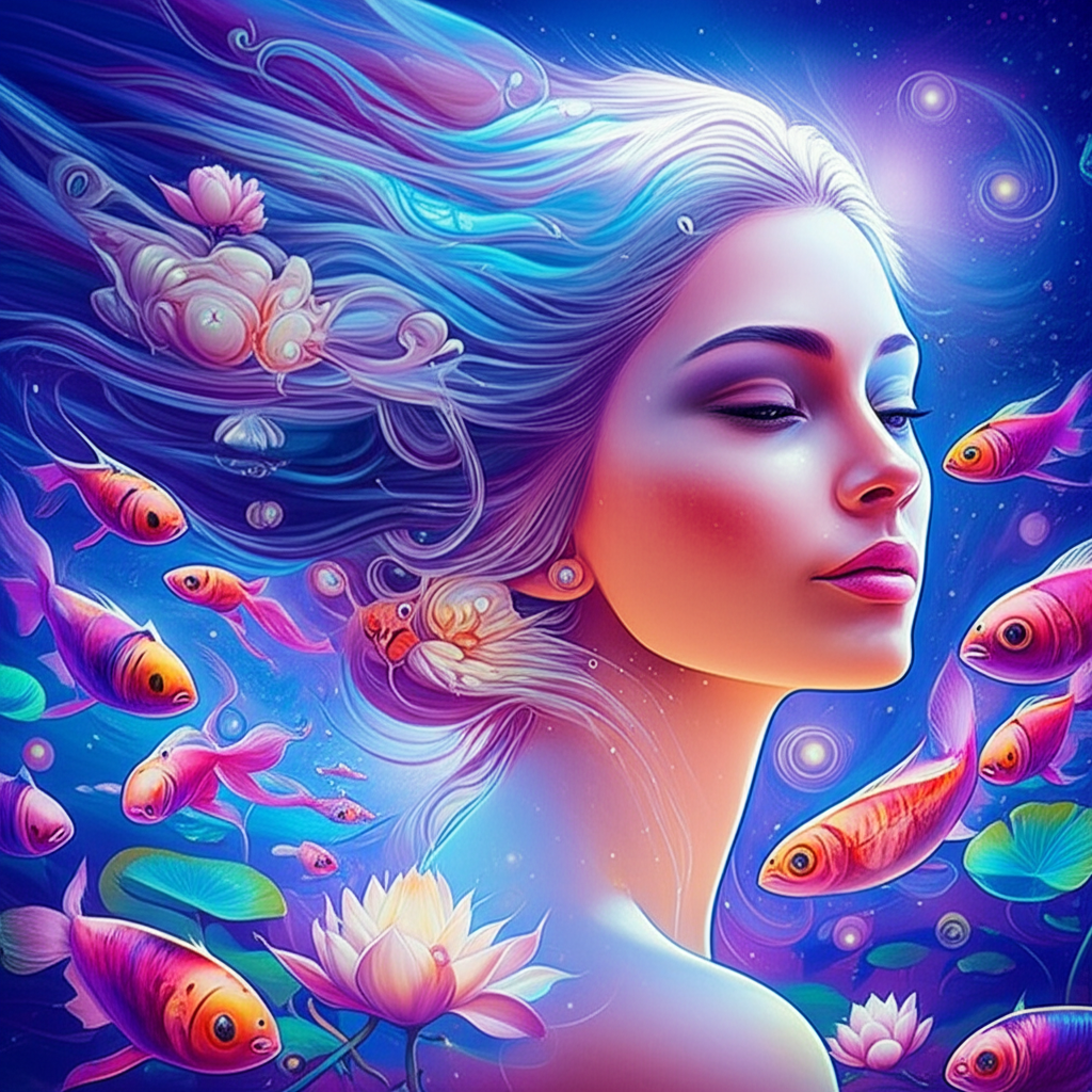 Иллюстрация, изображающая женщину, окруженную рыбами в мечтательном водном пейзаже, символизирующую значение венеры в натальной карте в рыбах.