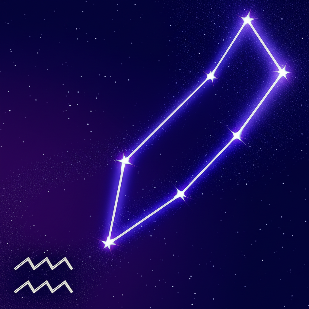 Астрологическая иллюстрация, показывающая знак водолей с какого по какое число он активен, на фоне звездного неба.