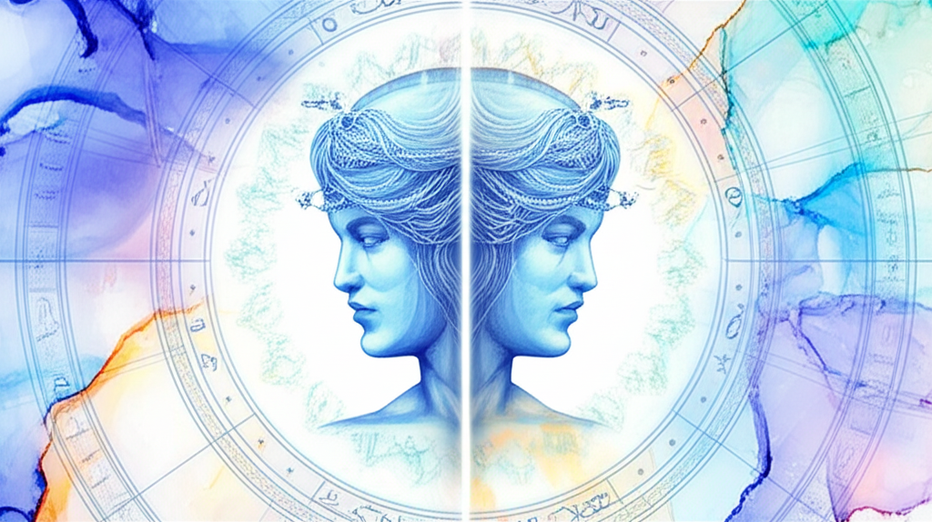 Динамичная иллюстрация мужчины-Близнецов, символизирующая знак зодиака близнецы мужчина любовь поведение, его двойственность и интеллектуальную натуру.