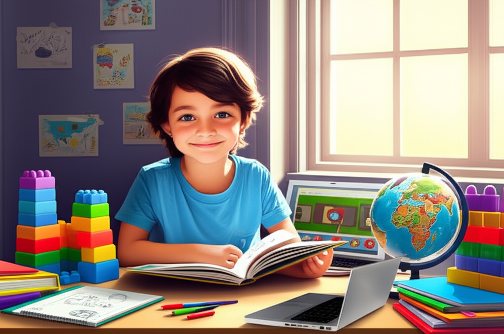 Любознательный ребенок, рожденный под знаком зодиака Близнецы, читает книгу, окруженный яркими игрушками и учебными материалами, что символизирует его жажду знаний и потребность в разнообразном образовании.