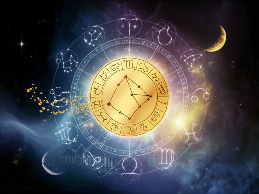 Завораживающее изображение, где золотая монета, символизирующая знак зодиака и деньги, парит в космосе, окруженная созвездиями и мерцающими символами финансового роста.