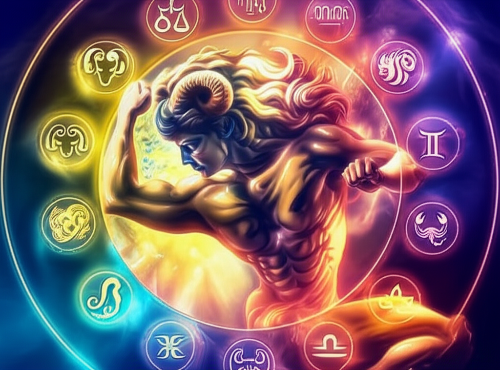 Иллюстрация, символизирующая связь между знак зодиака и физическая сила, с изображением атлетичной фигуры, окруженной двенадцатью зодиакальными символами.