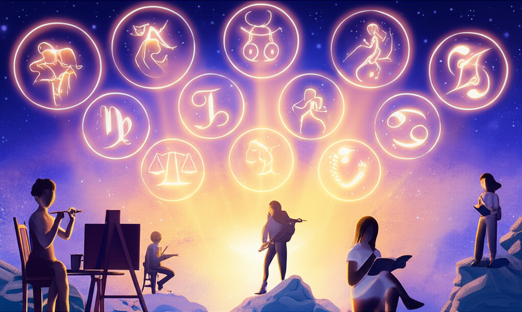 Иллюстрация, демонстрирующая связь между знаком зодиака и хобби, где символы зодиака парят над людьми, занимающимися разнообразными увлечениями.