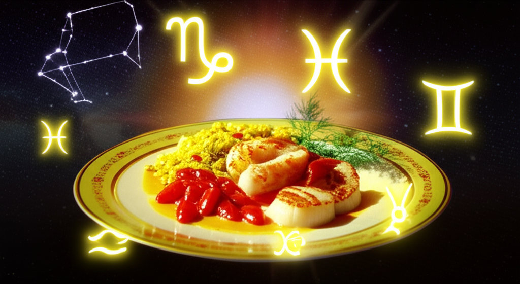 Иллюстрация, показывающая разнообразные блюда, подобранные по рекомендациям для каждого знак зодиака и питание, на фоне астрологических символов.