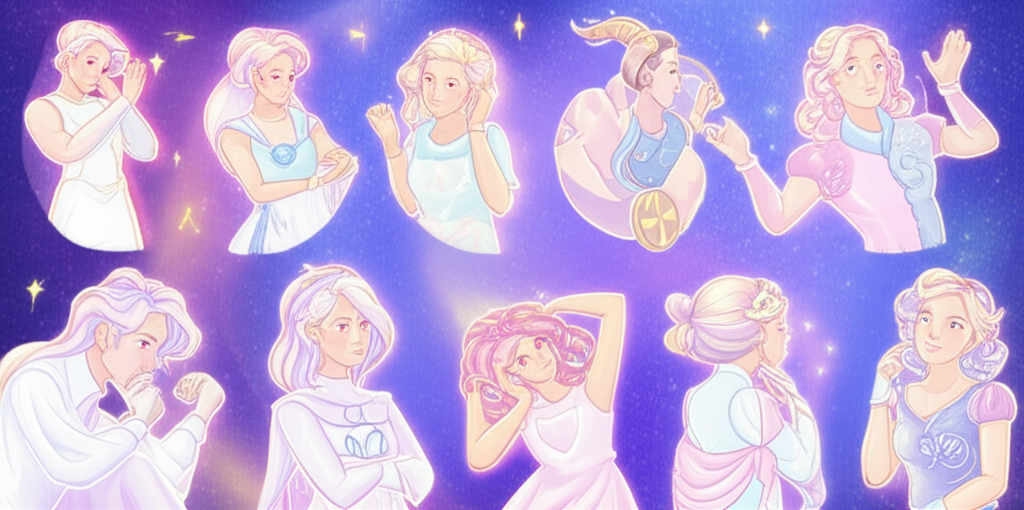 Иллюстрация, показывающая 12 знаков зодиака, демонстрирующих свой уникальный знак зодиака и стиль общения в космическом пространстве.