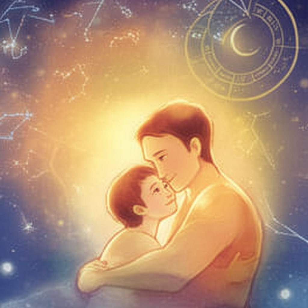 Изображение, символизирующее знак зодиака и воспитание детей, с родителем и ребенком, окруженными мягкими астрологическими символами на фоне звездного неба.