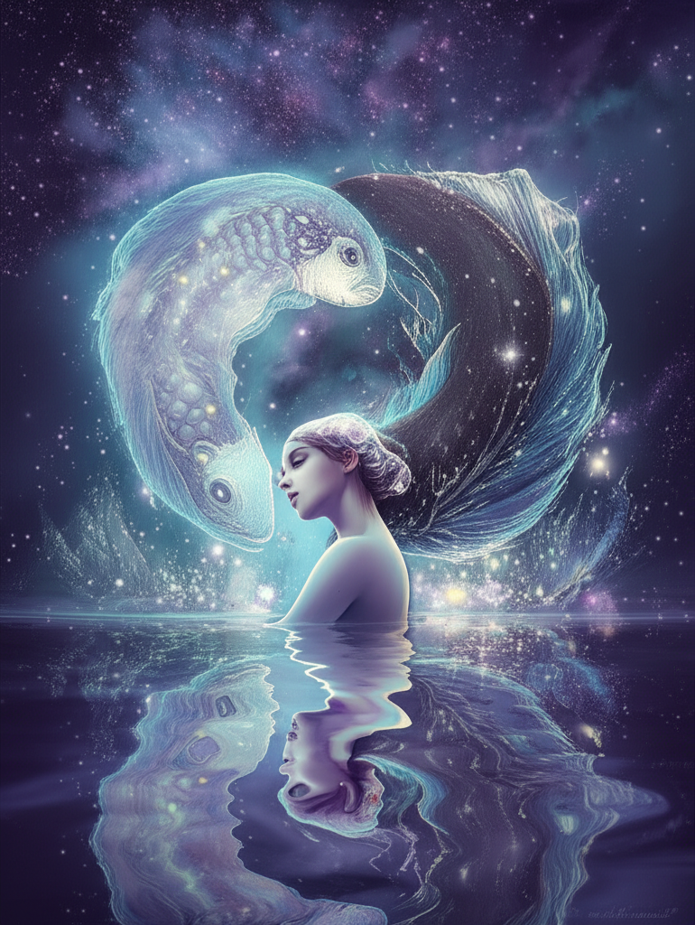 Мистическое изображение, символизирующее знак зодиака Рыбы и его двойственную природу
