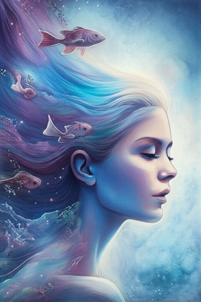 Изображение женщины-Рыбы, окруженной водными элементами, символизирующее ее эмоциональную природу и глубокую интуицию в контексте знак зодиака рыбы женщина в отношениях.