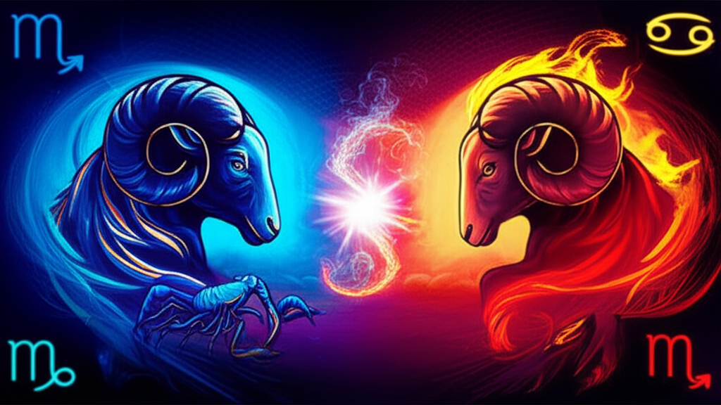 Символичное изображение, демонстрирующее сложную и страстную совместимость знака зодиака Скорпион с Овном конфликт, с огненным Овном и водным Скорпионом, сталкивающимися в драматичном напряжении.