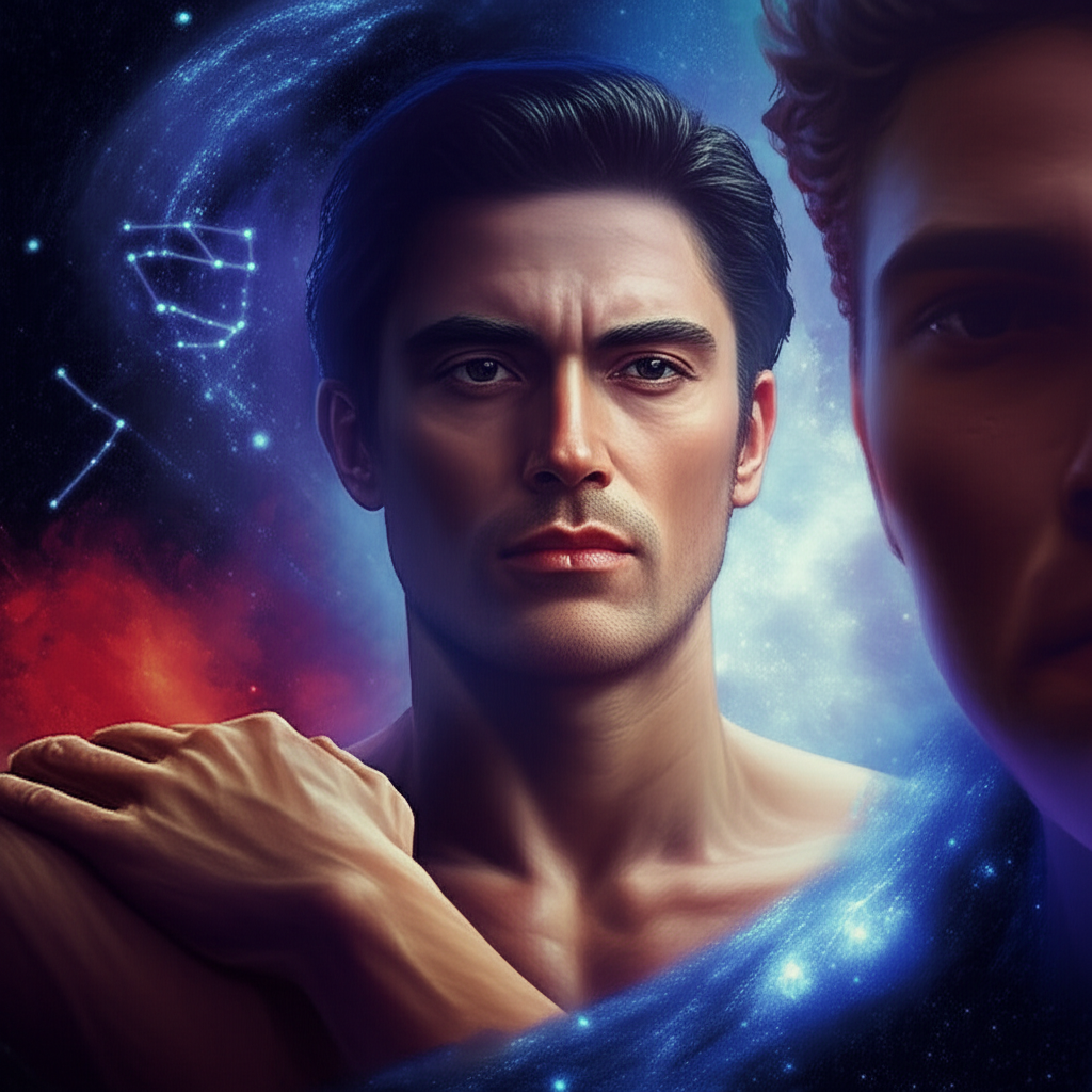 Мужчина-Скорпион в дружбе, стоящий с другом, на фоне туманности, символизирующей глубокую и преданную связь.