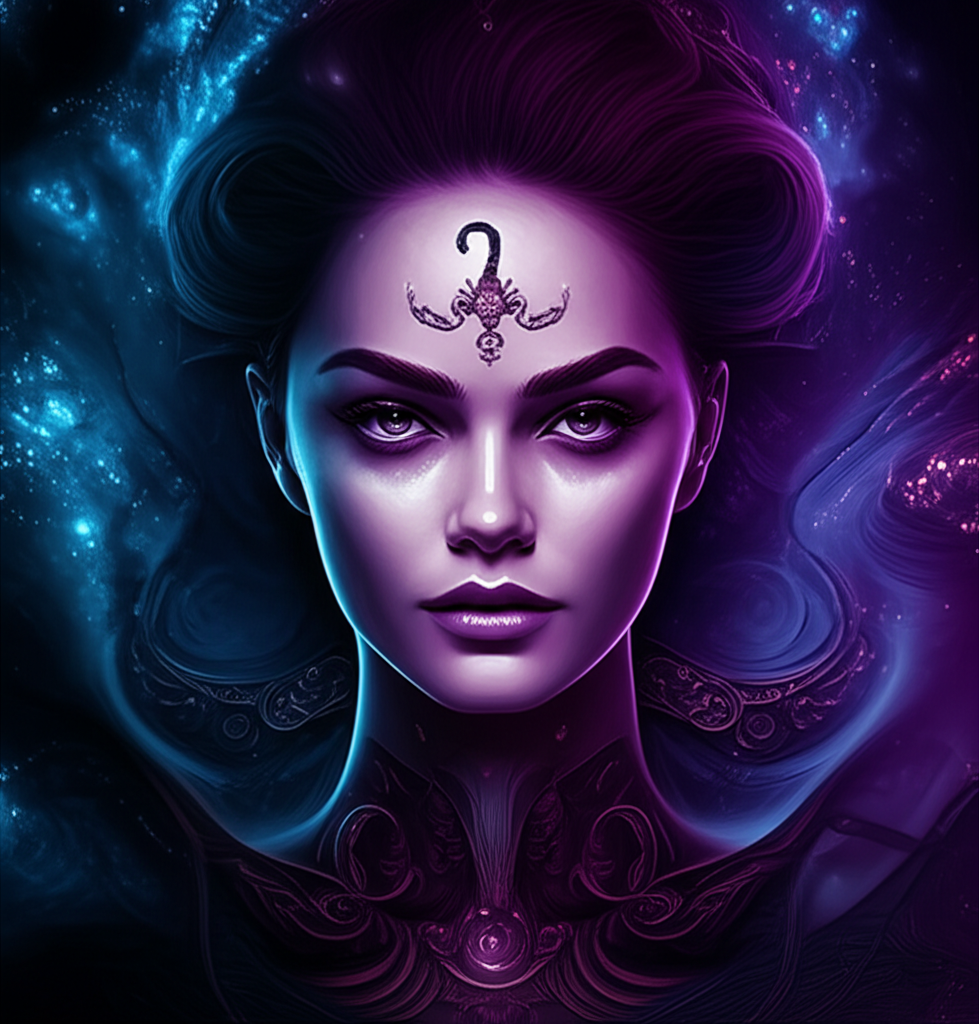 Изображение женщины Скорпиона, символизирующее знак зодиака скорпион женщина любовь страсть, её взгляд полон глубины и притягательности.