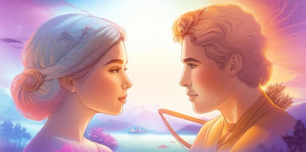 Иллюстрация, показывающая мужчину-Стрельца, смотрящего вдаль, и женщину-Рака, создающую уют, символизируя их совместимость и возможный путь к гармонии в отношениях между знаком зодиака Стрелец мужчина и Рак.