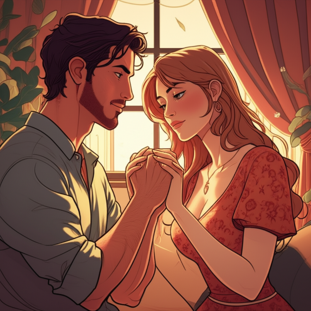 Романтическая иллюстрация, изображающая знак зодиака Телец в любви, символизирующая верность, стабильность и уютный домашний очаг.