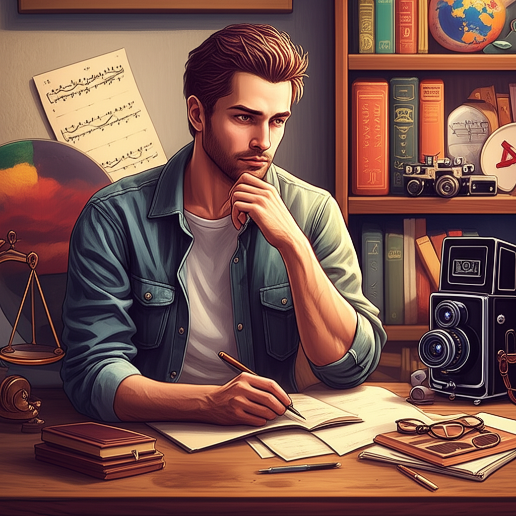 Мужчина знака зодиака Весы в окружении предметов, отражающих его творчество и хобби, символизирующих гармонию и эстетику.