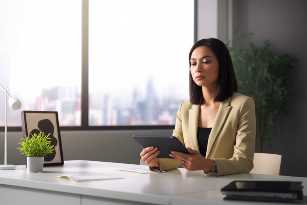 Элегантная женщина-Весы в деловом костюме сидит за столом, демонстрируя уверенность и баланс, что отражает ее путь к карьерному успеху.