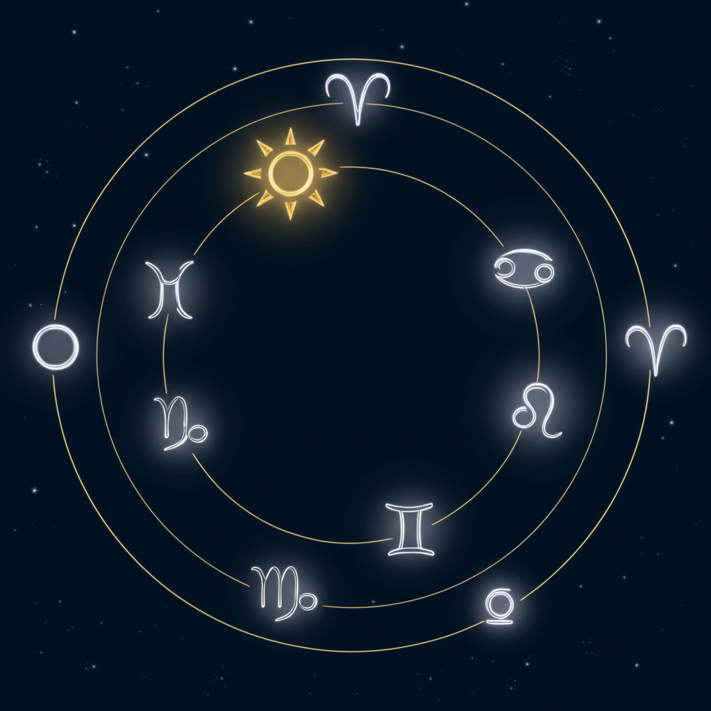Абстрактная иллюстрация, на которой изображены знаки планет в астрологии в виде светящихся глифов на фоне космического пространства.
