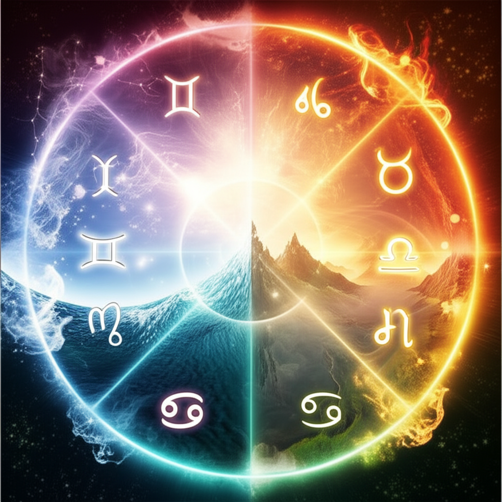 Космический круг, где изображены знаки зодиака и их стихии: огонь, земля, воздух и вода.