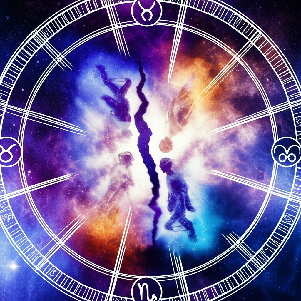 Изображение символизирует знаки зодиака и расставание, демонстрируя расколотый зодиакальный круг и фигуры, расходящиеся в разные стороны, на фоне космического пейзажа.