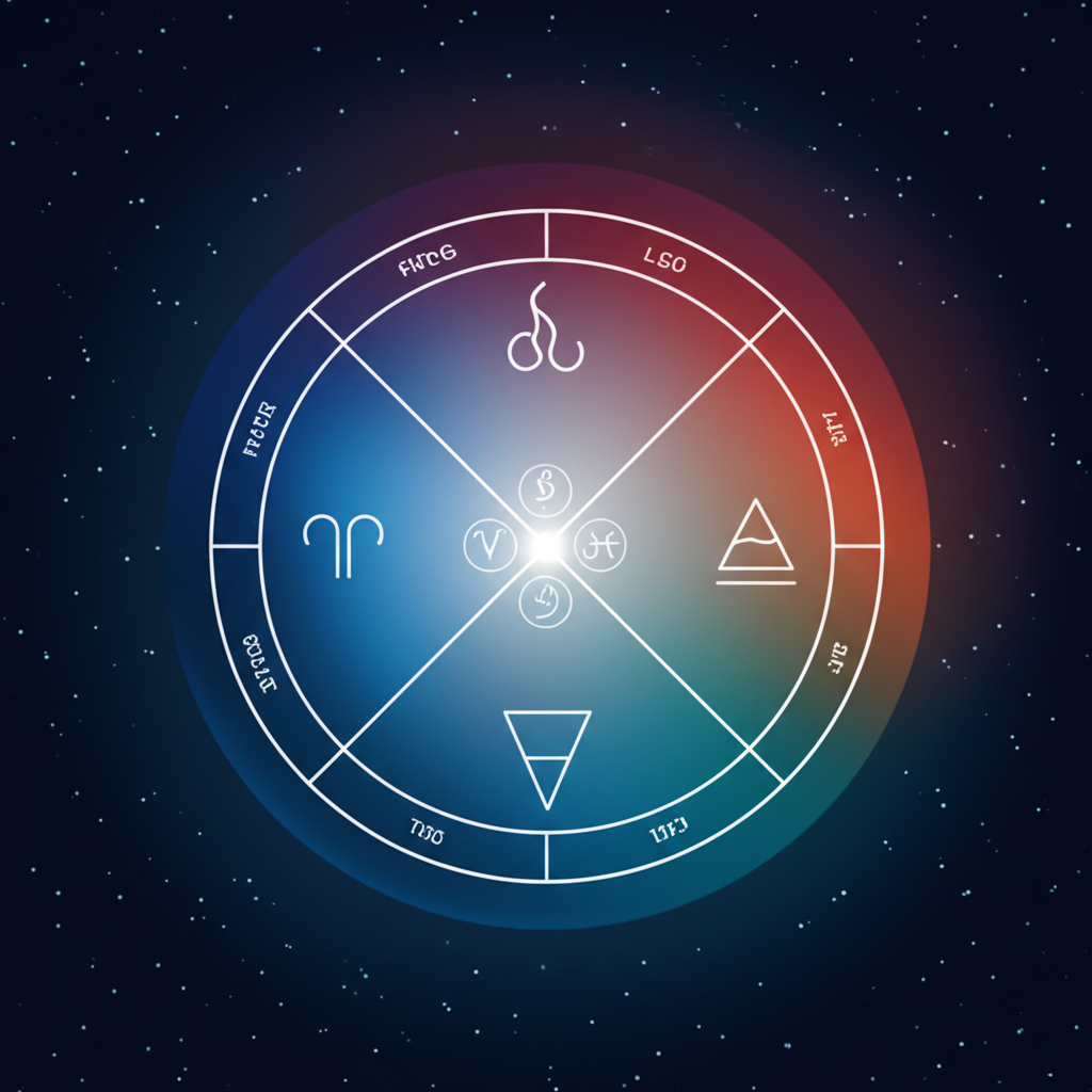 Символическое изображение, где пересекаются знаки зодиака и стихии в виде круга на фоне космоса.