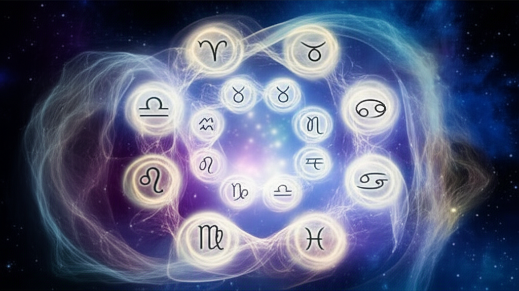 Сюрреалистическая иллюстрация, показывающая связь между знаком зодиака и уровнем стресса, где зодиакальные символы взаимодействуют с абстрактными элементами напряжения.