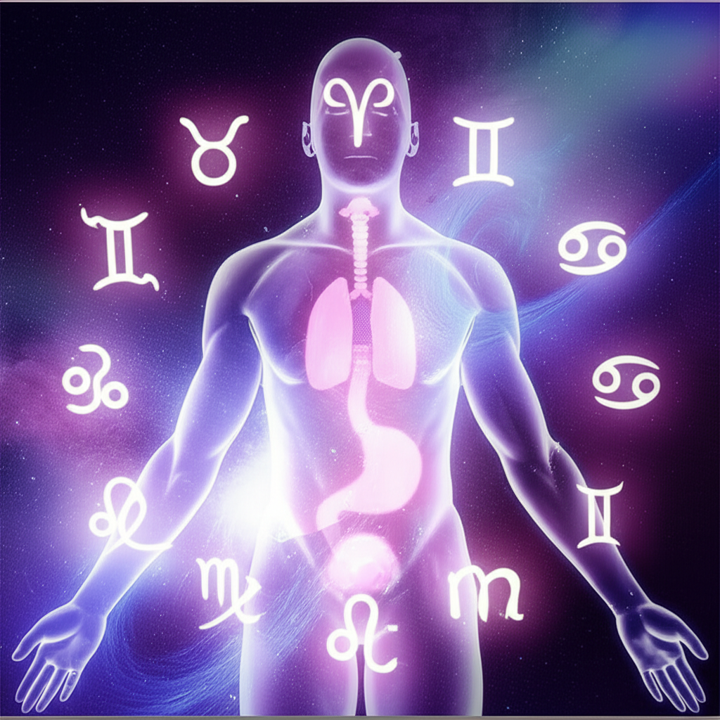Иллюстрация, символизирующая связь между знаками зодиака и здоровьем человека, с изображением двенадцати зодиакальных символов, расположенных вокруг стилизованного человеческого тела, подсвечивающего различные органы и системы.