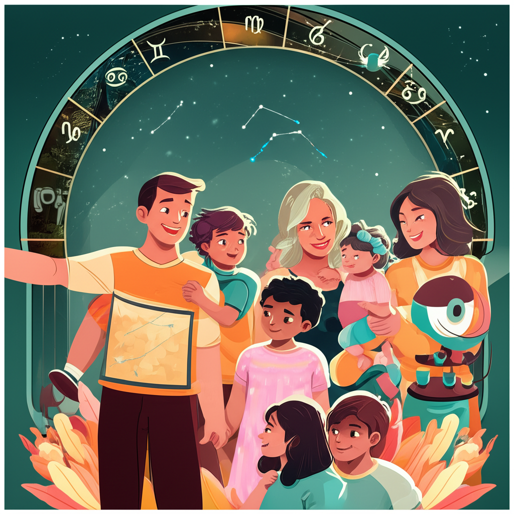 Разнообразные родители, представляющие различные *знаки зодиака как родители*, взаимодействуют со своими детьми в разных сценариях: от активных игр и обучения до уютных моментов и творческих занятий.