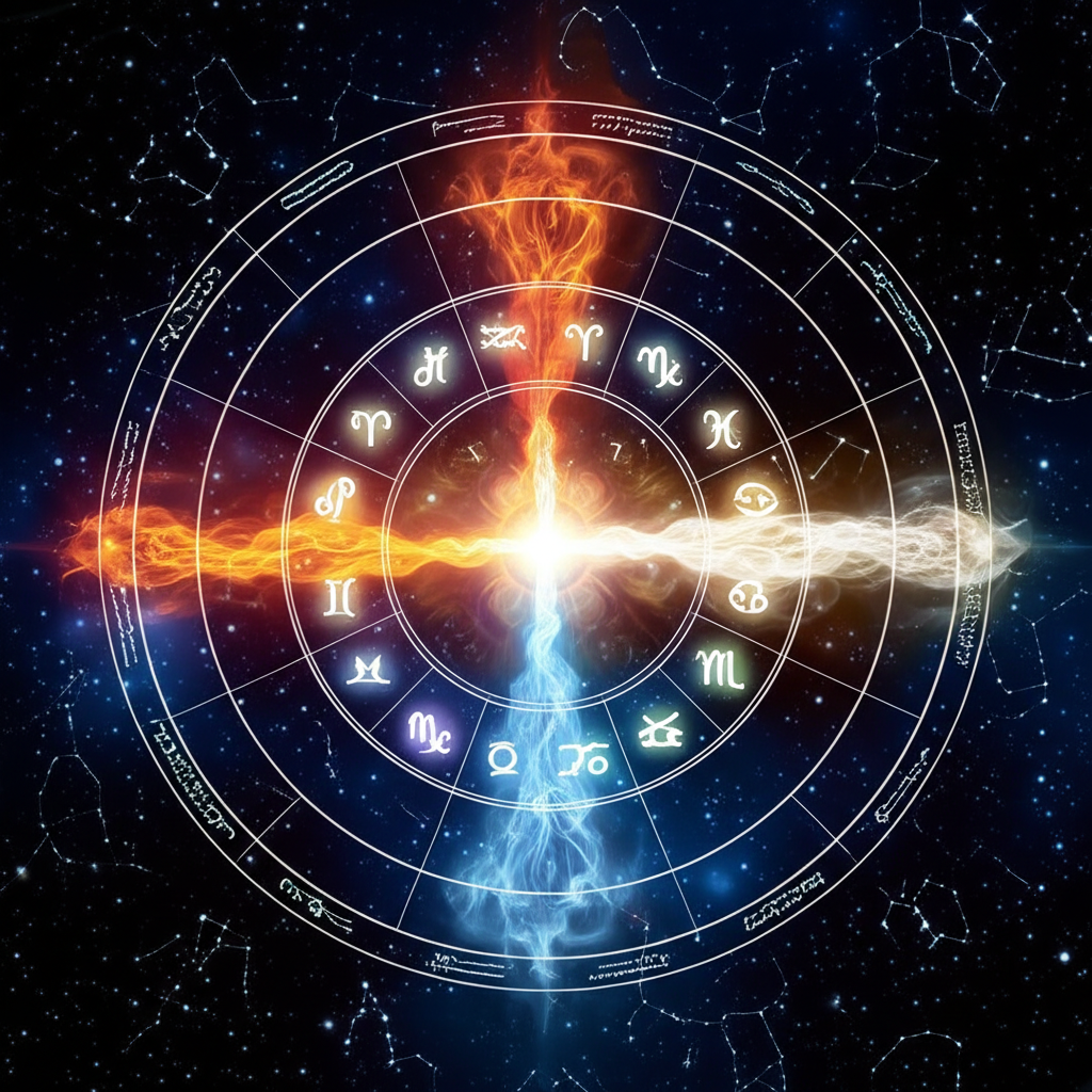Детальная схема, где показаны знаки зодиака по месяцам и стихиям на фоне космического неба.