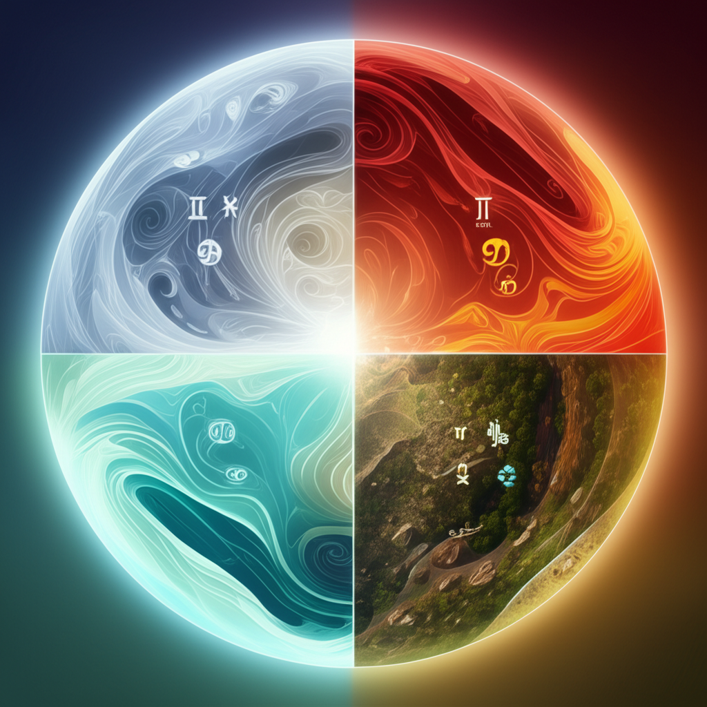 Схематичное изображение круга, где показаны все знаки зодиака по стихиям: Огонь, Земля, Воздух и Вода.