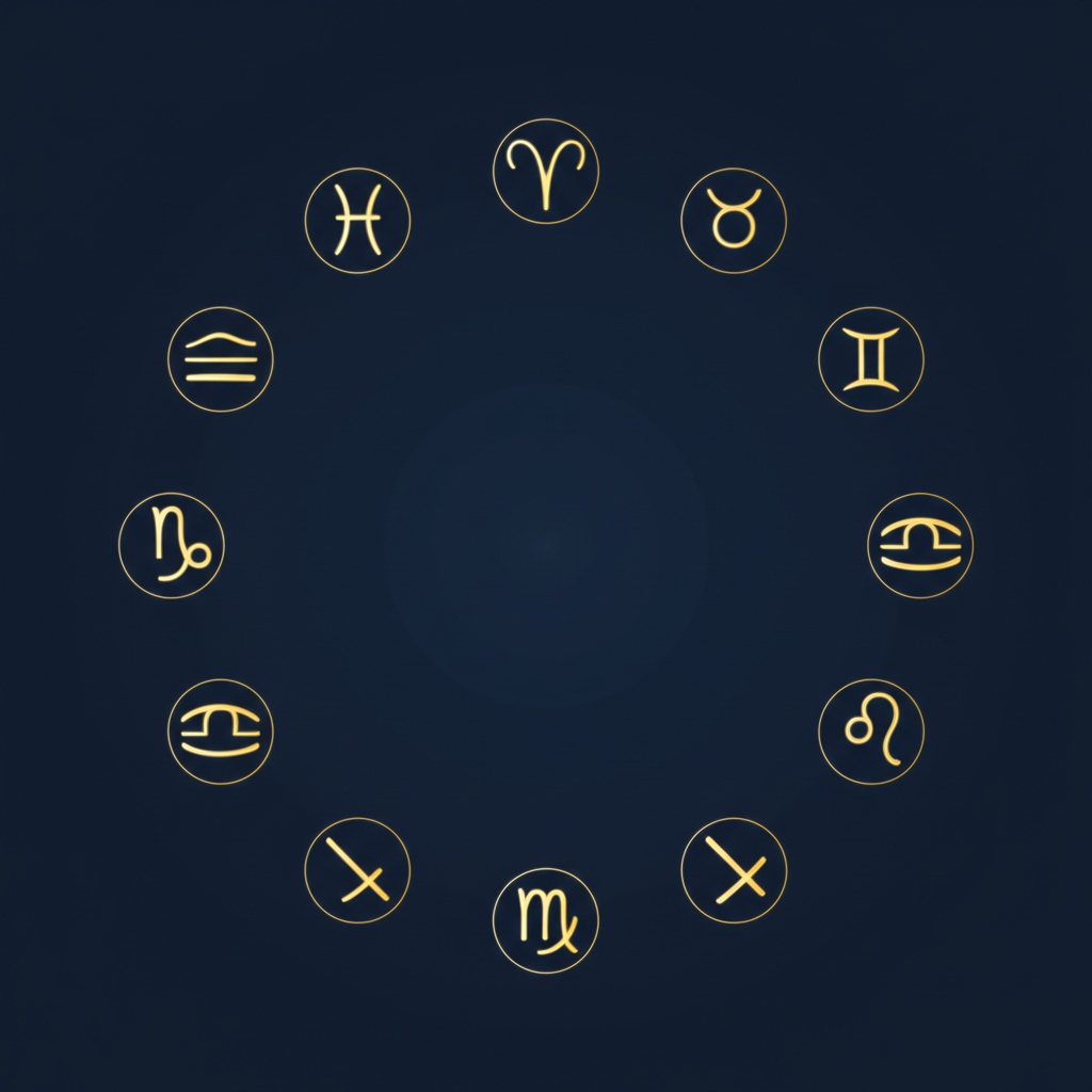 Все знаки зодиака расположенные в виде минималистичного золотого круга на темном фоне.