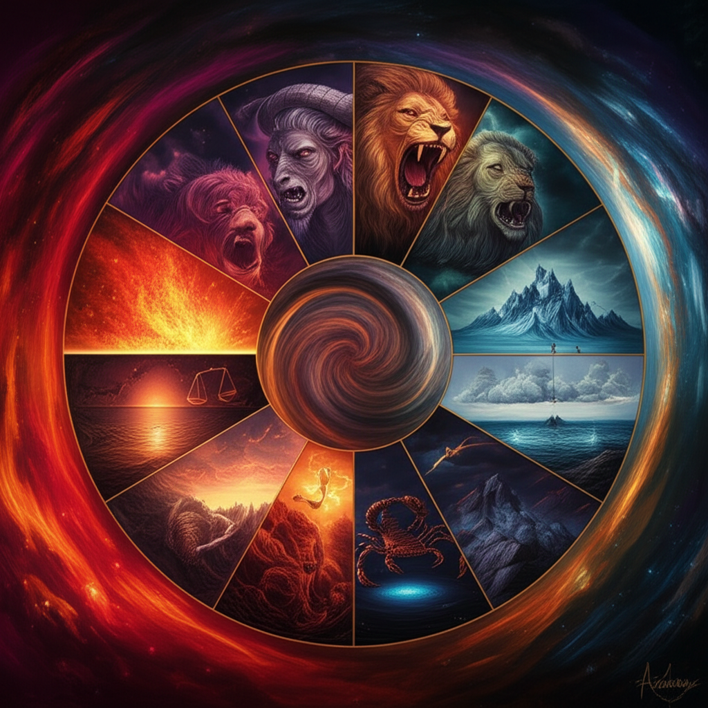 Символическое изображение 12 знаков зодиака в гневе, показывающее их уникальные эмоциональные реакции.